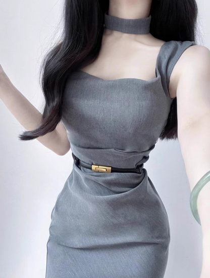 French style square neck grey dress ED0470