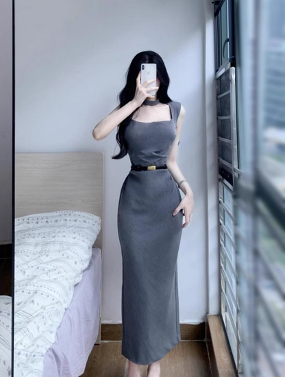 French style square neck grey dress ED0470