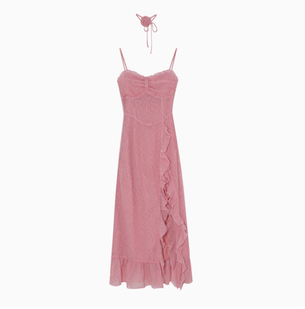French Rose Print Ruffled Slit Suspender Maxi Dress ED0471