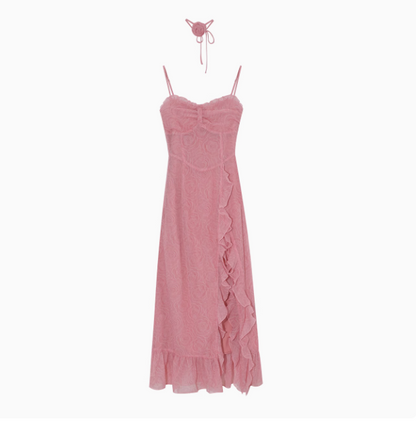 French Rose Print Ruffled Slit Suspender Maxi Dress ED0471