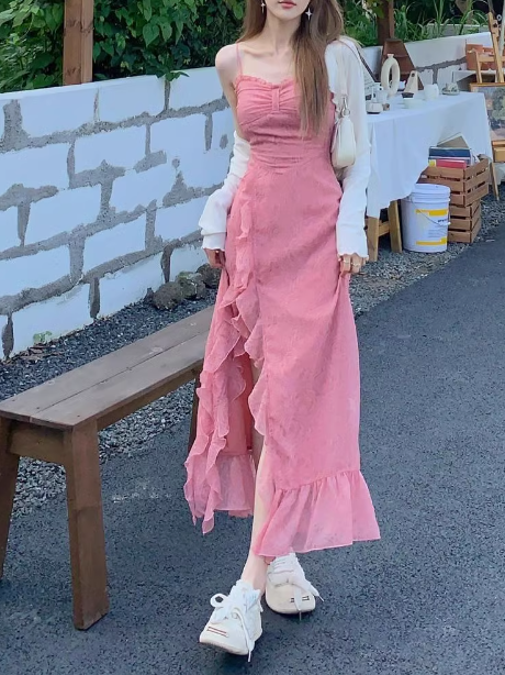 French Rose Print Ruffled Slit Suspender Maxi Dress ED0471