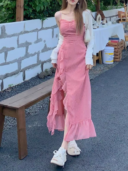 French Rose Print Ruffled Slit Suspender Maxi Dress ED0471