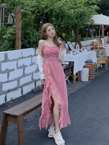 French Rose Print Ruffled Slit Suspender Maxi Dress ED0471