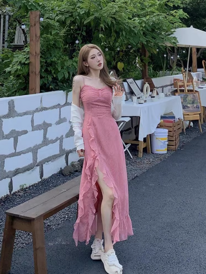 French Rose Print Ruffled Slit Suspender Maxi Dress ED0471