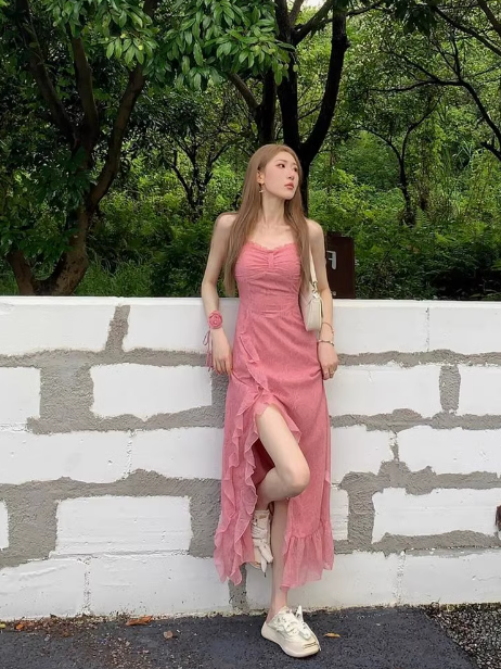 French Rose Print Ruffled Slit Suspender Maxi Dress ED0471