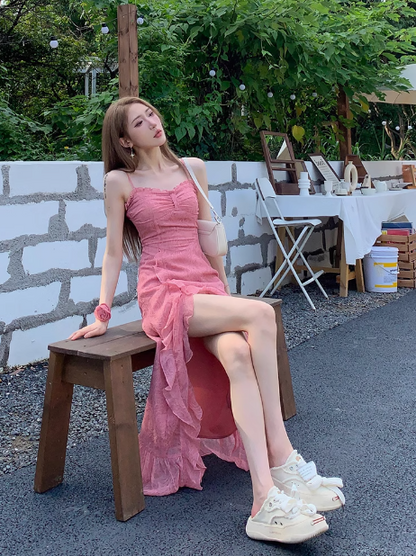 French Rose Print Ruffled Slit Suspender Maxi Dress ED0471