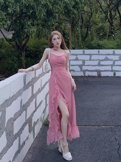 French Rose Print Ruffled Slit Suspender Maxi Dress ED0471