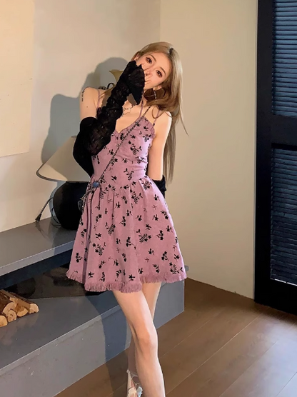 Sweet and hot girl style floral tassel halter dress ED0472