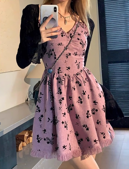 Sweet and hot girl style floral tassel halter dress ED0472