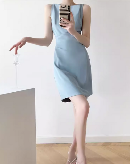 French blue sleeveless short suspender skirt ED0473