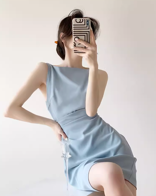 French blue sleeveless short suspender skirt ED0473