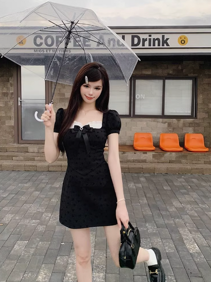 French A-line bow stitching black dress ED0474