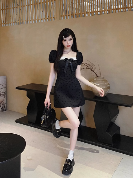 French A-line bow stitching black dress ED0474