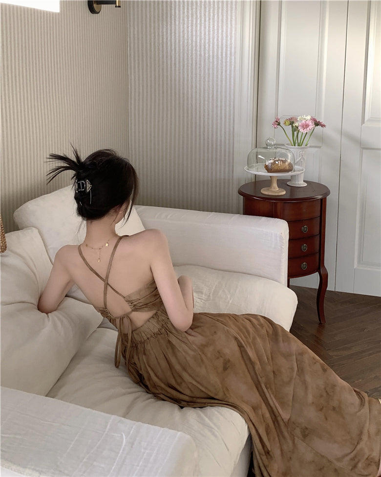 Brown A-line halter neck suspender V-neck backless dress ED0475