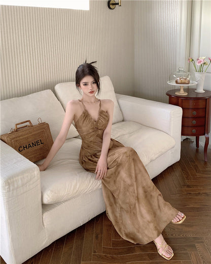 Brown A-line halter neck suspender V-neck backless dress ED0475