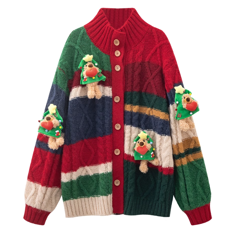 Red Christmas Colorblock Love Bear Cardigan ED0477