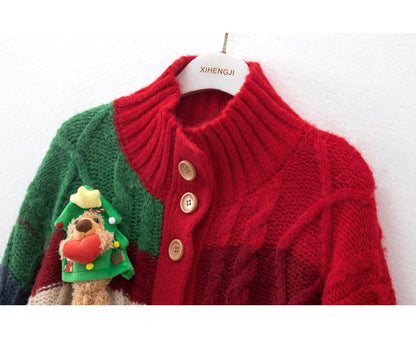Red Christmas Colorblock Love Bear Cardigan ED0477