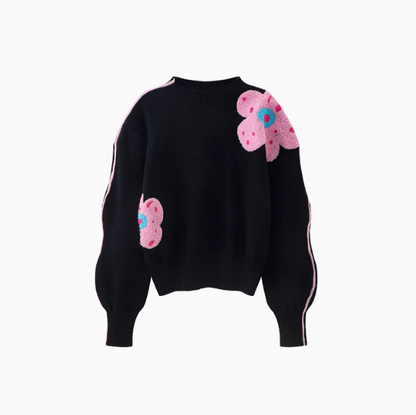 Black floral contrast wave sleeve sweater ED0479