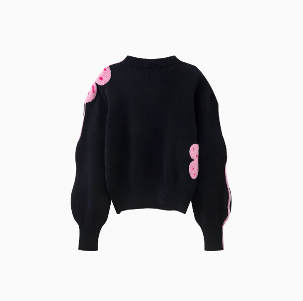 Black floral contrast wave sleeve sweater ED0479