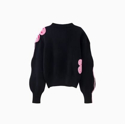 Black floral contrast wave sleeve sweater ED0479