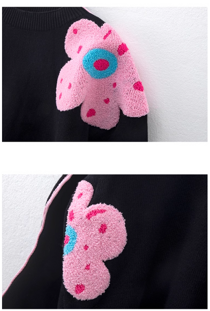 Black floral contrast wave sleeve sweater ED0479