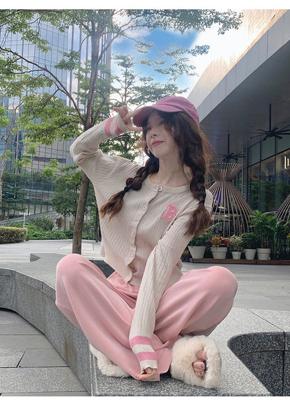 College style letter contrast color long sleeve knitted cardigan ED0483