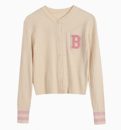 College style letter contrast color long sleeve knitted cardigan ED0483