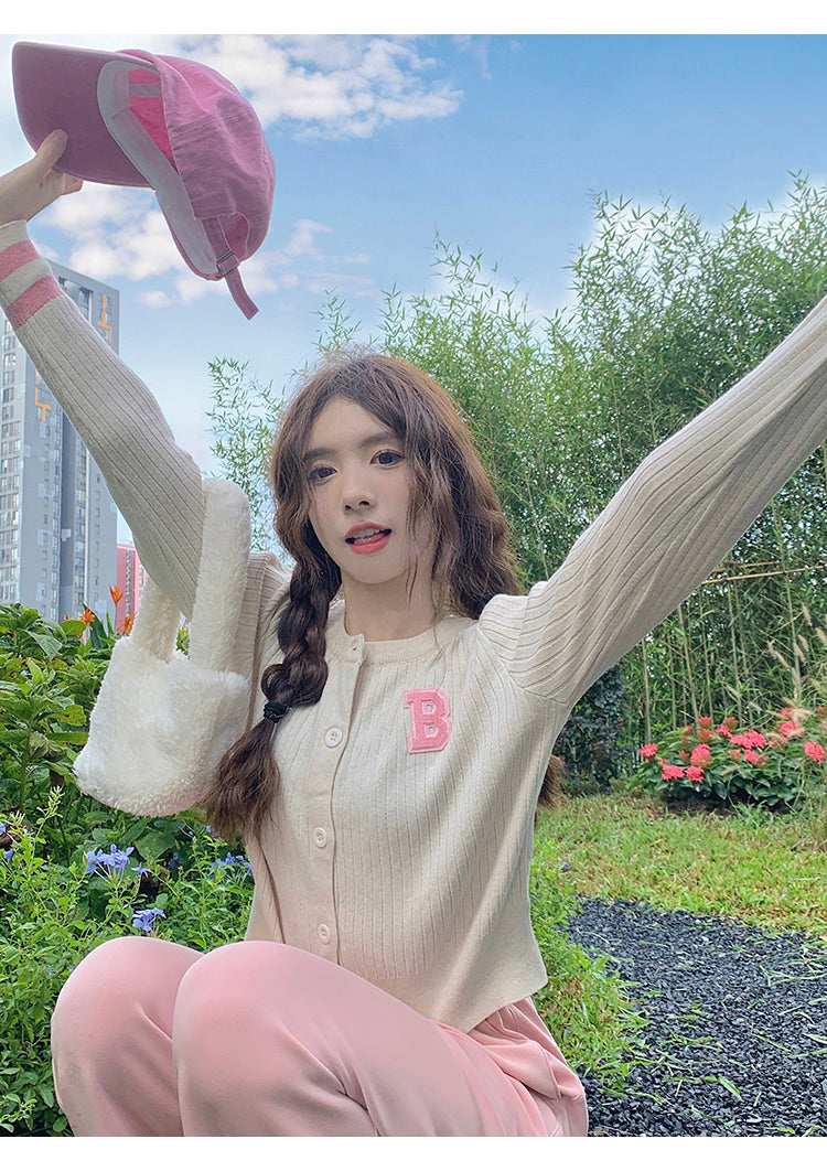 College style letter contrast color long sleeve knitted cardigan ED0483