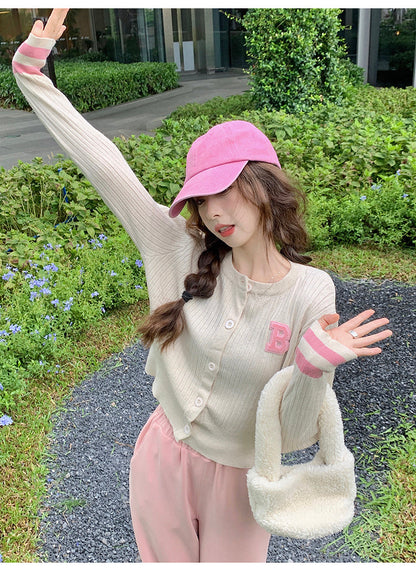 College style letter contrast color long sleeve knitted cardigan ED0483