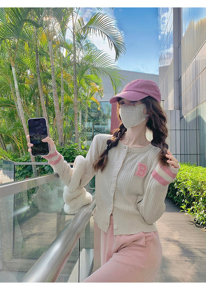 College style letter contrast color long sleeve knitted cardigan ED0483