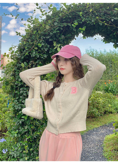 College style letter contrast color long sleeve knitted cardigan ED0483