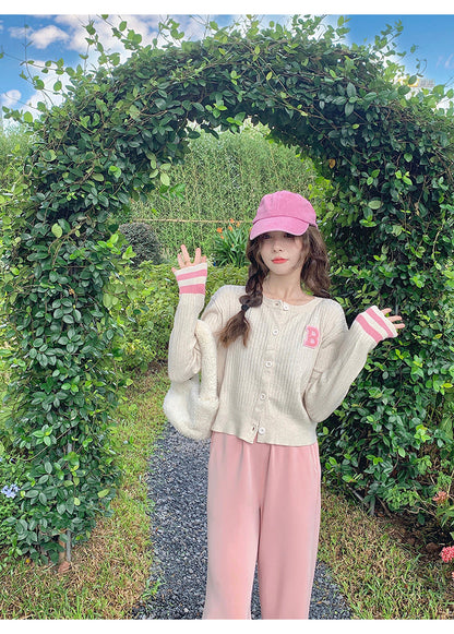 College style letter contrast color long sleeve knitted cardigan ED0483