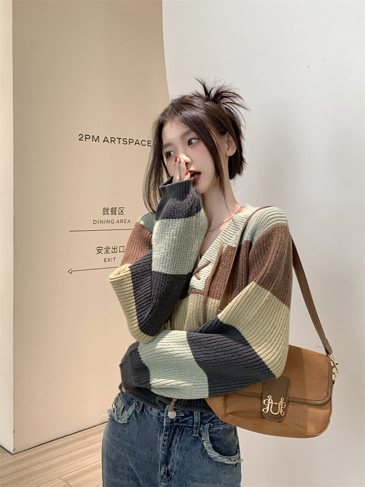 Retro Hong Kong style contrasting color bandage striped sweater ED0484