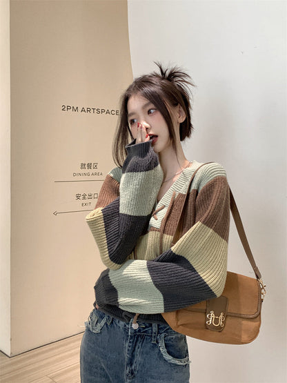 Retro Hong Kong style contrasting color bandage striped sweater ED0484