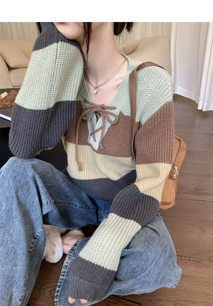 Retro Hong Kong style contrasting color bandage striped sweater ED0484