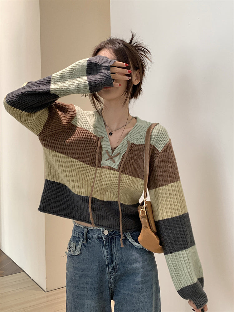 Retro Hong Kong style contrasting color bandage striped sweater ED0484