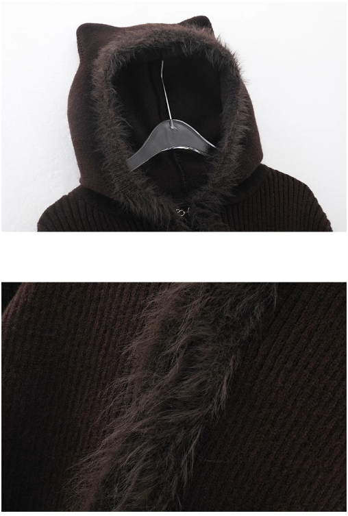 Hot Girl Style Coffee Cat Ear Hooded Knitted Cardigan ED0485