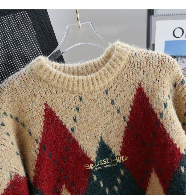 Atmospheric diamond contrast color round neck pullover sweater ED0488