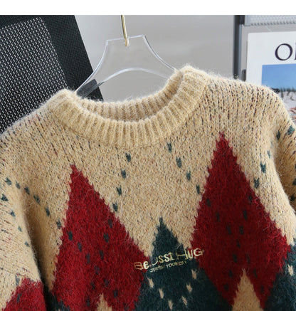 Atmospheric diamond contrast color round neck pullover sweater ED0488