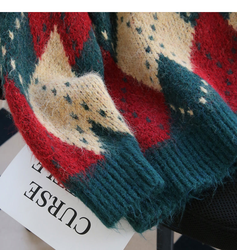 Atmospheric diamond contrast color round neck pullover sweater ED0488