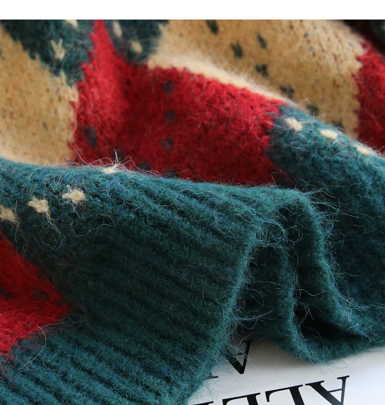 Atmospheric diamond contrast color round neck pullover sweater ED0488