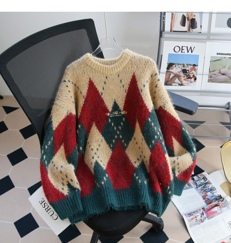 Atmospheric diamond contrast color round neck pullover sweater ED0488