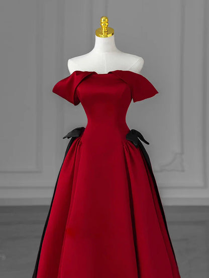A-Line Off Shoulder Satin Burgundy Long Prom Dress, Burgundy Long Formal Dress ED049