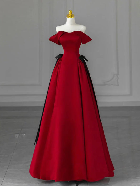 A-Line Off Shoulder Satin Burgundy Long Prom Dress, Burgundy Long Formal Dress ED049