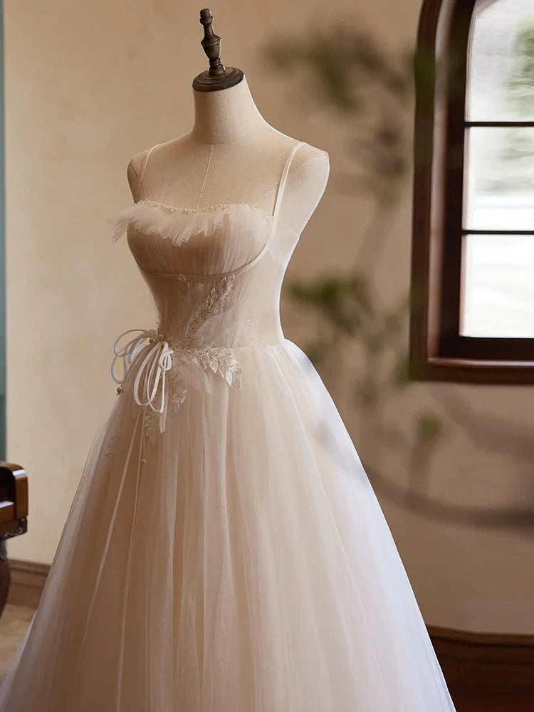 A-Line Sweetheart Neck Tulle Champagne Long Prom Dress With Lace  ED050