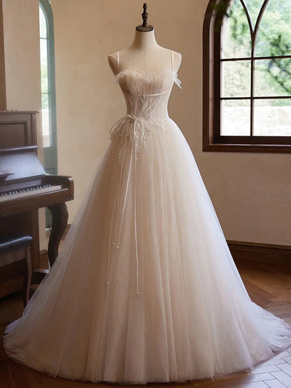 A-Line Sweetheart Neck Tulle Champagne Long Prom Dress With Lace  ED050