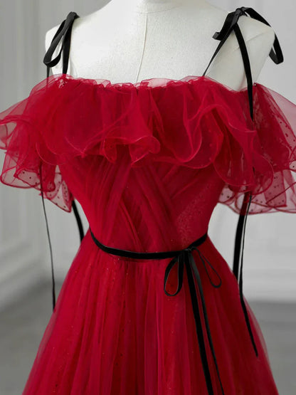 A-Line Off Shoulder Tulle Burgundy Long Prom Dress, Burgundy Long Formal Dress  ED051