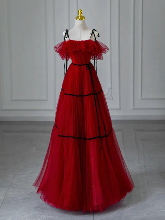 A-Line Off Shoulder Tulle Burgundy Long Prom Dress, Burgundy Long Formal Dress  ED051