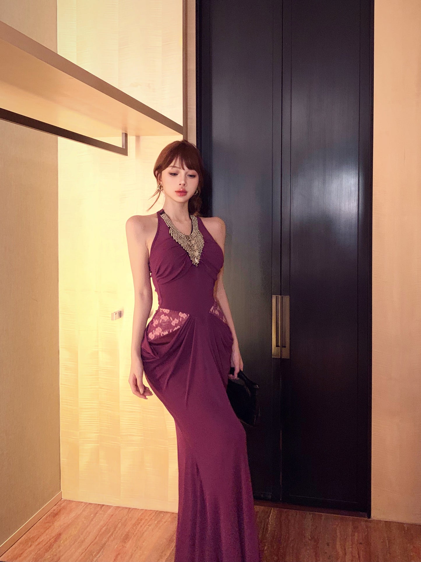 French lady style beaded halter neck dress ED0510