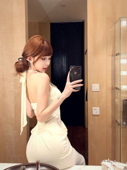 French lady style beaded halter neck dress ED0510